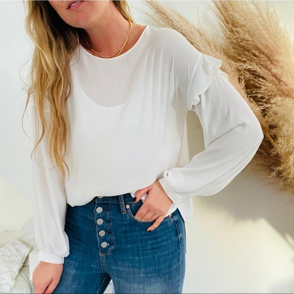 NORDSTROM LUSH White Ruffle Keyhole Button Back Long Sleeve Blouse Shirt Top M